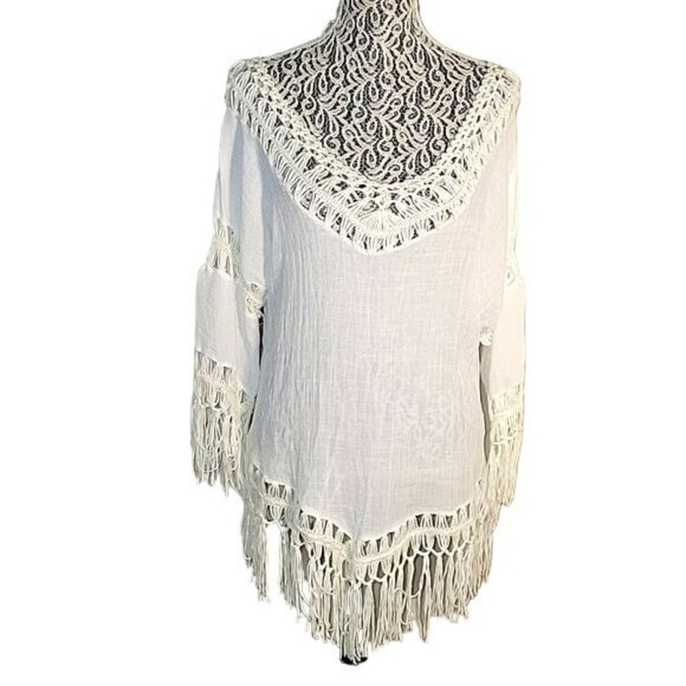 SIONI  Fringe Crochet Cover Up Tunic Top‎ Boho Beach Festival White L coastal